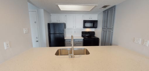 a kitchen with a sink and a black refrigerator at Northchase,Texas