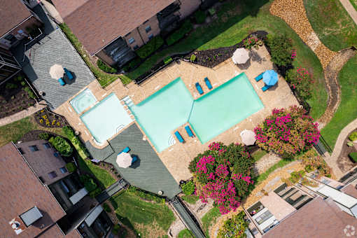 Aerial view of pool at Brook Meadow Village, Austin, TX, 78758