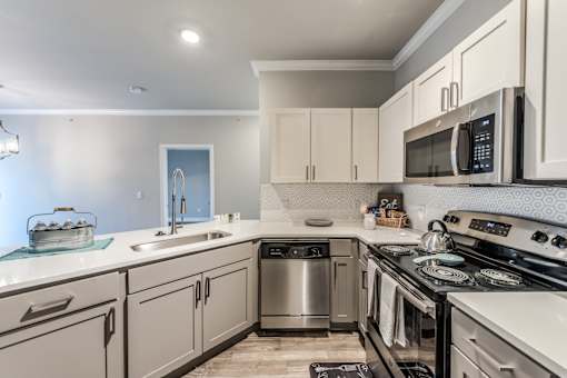 A modern kitchen with a stainless steel dishwasher and oven at Rosemary Apartments, Conroe, Texas