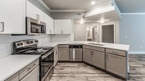 A modern kitchen with a stove, microwave, and dishwasher at Rosemary Apartments, Texas
