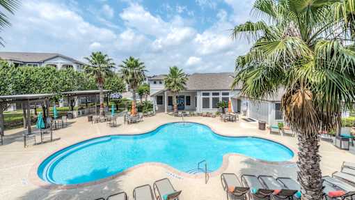 A large outdoor swimming pool surrounded by lounge chairs and palm trees at Rosemary Apartments, Conroe, TX, 77384