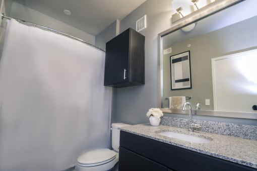 a bathroom with a white toilet next to a sink with a mirror and a shower curtain at Republic at Alamo Heights, Texas, 78209