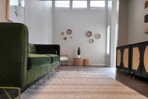 a living room with a green couch and a rug at Ivy Plains at Brooks Apartments, Texas