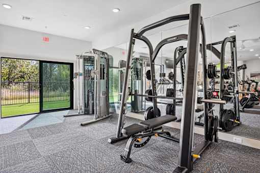a gym with weights and cardio equipment at the preserve at greatstone at Radius on Grove, Austin