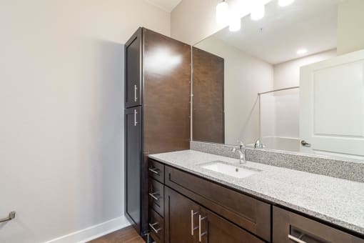 a bathroom with a sink and a mirror at The Fitzroy San Marcos, Texas