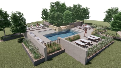 a backyard pool and spa with lounge chairs and a fire pit