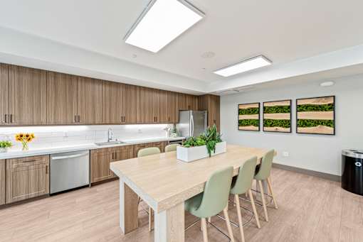 Vintage at Marja Acres, Carlsbad, CA, clubhouse kitchen with fridge, sink, warming drawers and seating