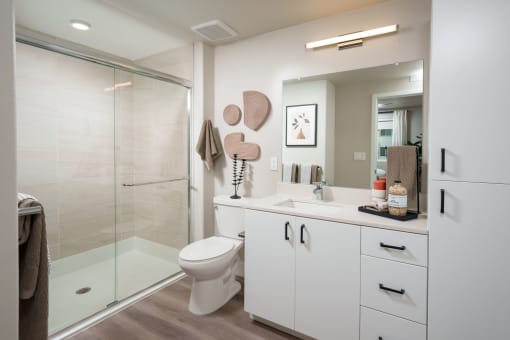 Aurora apartments model bathroom with walk-in shower