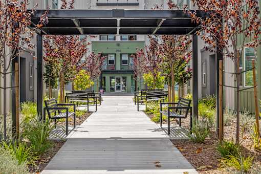 a walkway with benches and a building in the background