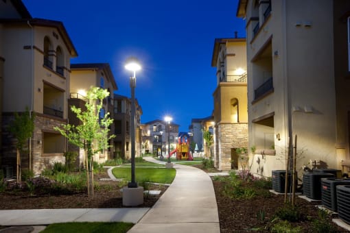 Copperstone Village grounds at night