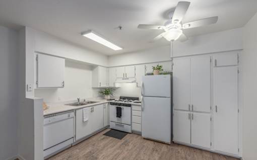 A white kitchen with a fan on the ceiling.