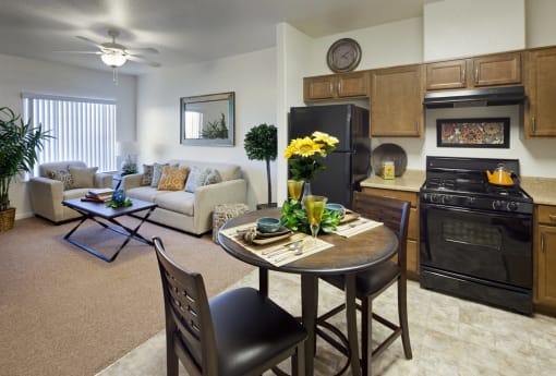 VintageChateau II apartment living room and kitchen