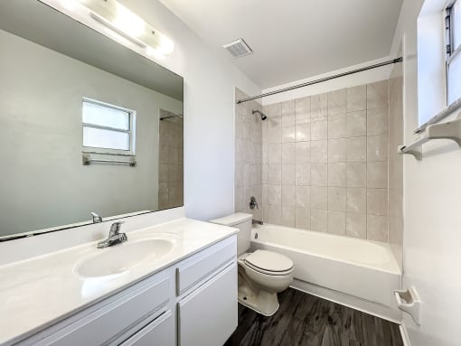 a bathroom with a white sink and toilet next to a bathtub