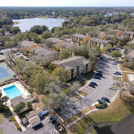 an aerial view of a neighborhood with a pool and a lake