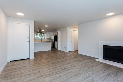 A white interior with a fireplace and a kitchen in the background.