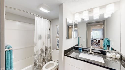 a bathroom with a sink and a toilet and a mirror at Runaway Bay Apartments, Ohio, 43204