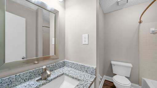A bathroom with a sink, toilet, and mirror.