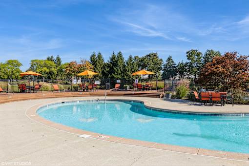 A large outdoor swimming pool surrounded by trees and sun loungers at Island Club Apartments, Columbus, OH