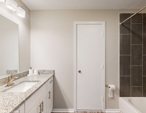 a bathroom with a sink and a shower and a mirror at The Vale Apartments and Townhomes, Cordova, 38018