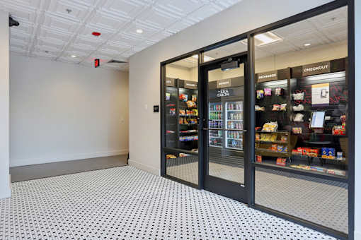 A store with a black and white checkered floor.
