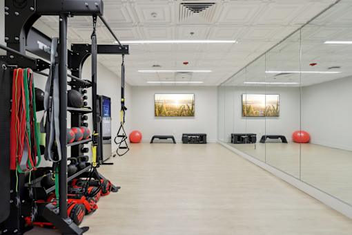A gym with a mirrored wall and exercise equipment.