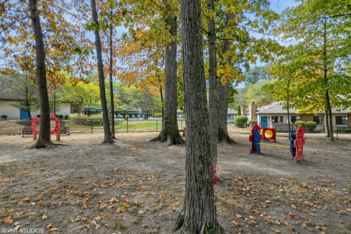 a playground in a park with trees and playground equipment at Silvertree at Little Turtle Apartments, Ohio, 43081
