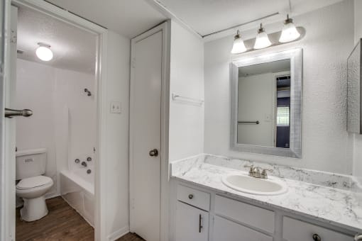 a bathroom with a sink and a toilet and a mirror at Tara Oaks in Houston, TX