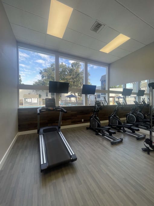 the gym has a lot of exercise equipment and windows at Whispering Oaks, Conroe, 77301 ? 