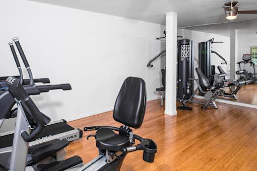 A gym with a variety of equipment including a treadmill, a stationary bike, and a rowing machine.