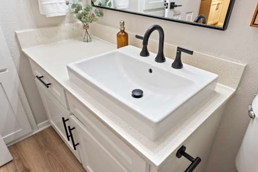A white sink with a black faucet and a black soap dish.