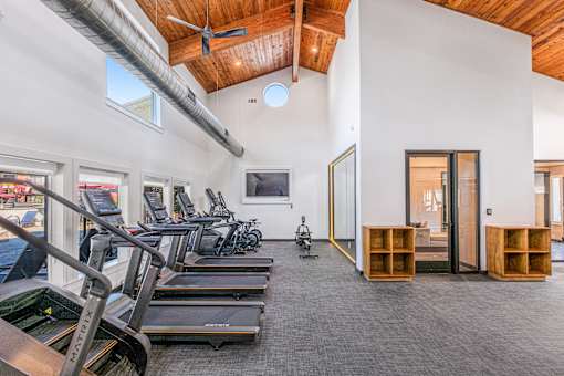 A gym with treadmills, exercise bikes, and a television at Water Ridge Apartments , Irving, TX, 75061