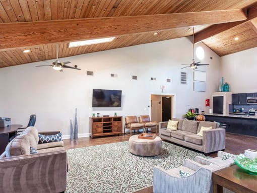 a living room with couches and chairs and a television at Water Ridge Apartments, Texas, 75061