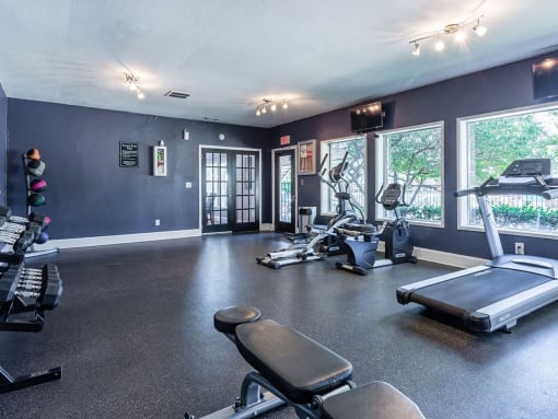 the gym has plenty of exercise equipment and windows at Water Ridge Apartments, Texas