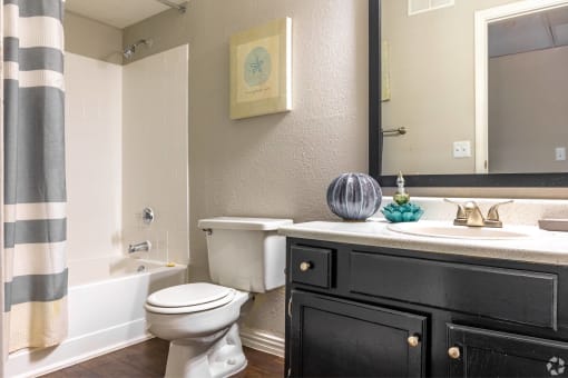 a bathroom with a toilet and a sink and a mirror at Water Ridge Apartments, Irving, Texas