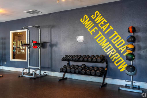 a gym with weights and a wall with a sign that says sweet spot on it at Water Ridge Apartments, Irving, TX 75061