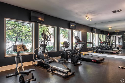 the gym has plenty of exercise equipment and views of the trees at Water Ridge Apartments, Irving, Texas