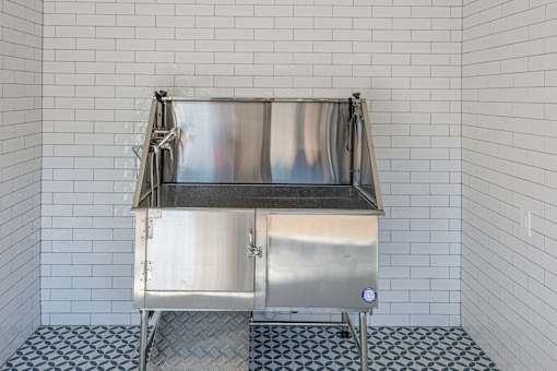 A stainless steel sink in a tiled bathroom at Water Ridge Apartments , Texas, 75061