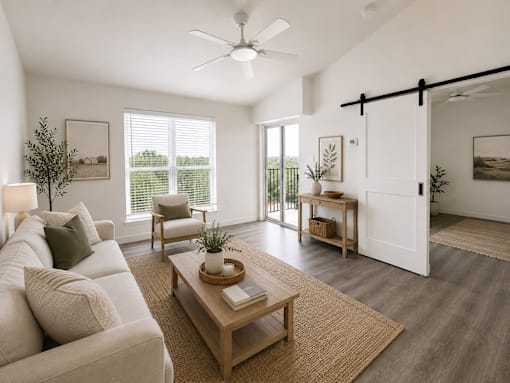 A living room with a white couch, a wooden coffee table, and a ceiling fan.