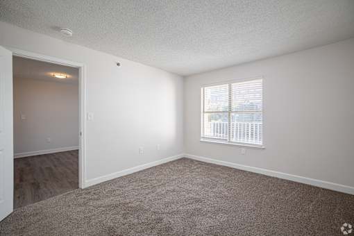 A room with a carpeted floor, a window with blinds, and a door leading to another room.