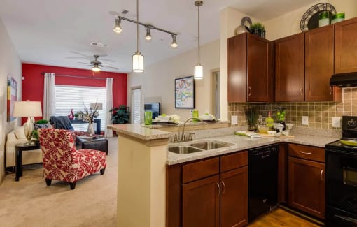 Open concept Kitchen Kitchen with dining bar overlooking carpeted living room at Ashley Auburn Pointe in Atlanta, GA