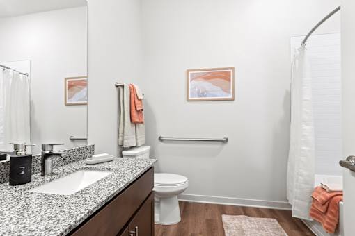 A bathroom with a white toilet and a sink with a granite counter top.