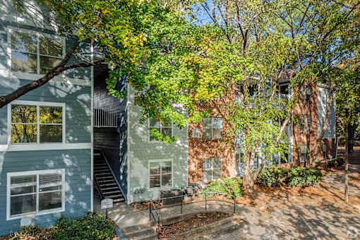 A tree with green leaves is in front of a building.