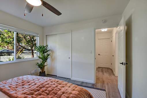 A bedroom with a bed, a ceiling fan, and a window with a view of trees.