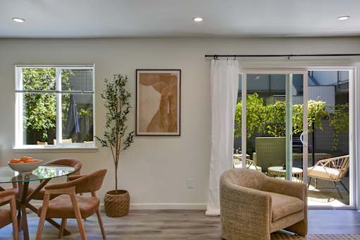 A living room with a glass table and chairs, a potted plant, and a framed artwork on the wall.