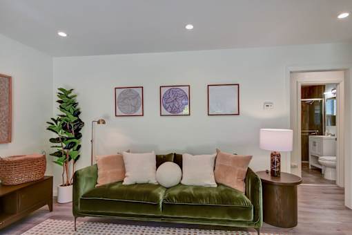 A living room with a green couch and a potted plant.