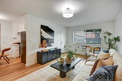 A living room with a couch, a coffee table, and a potted plant.