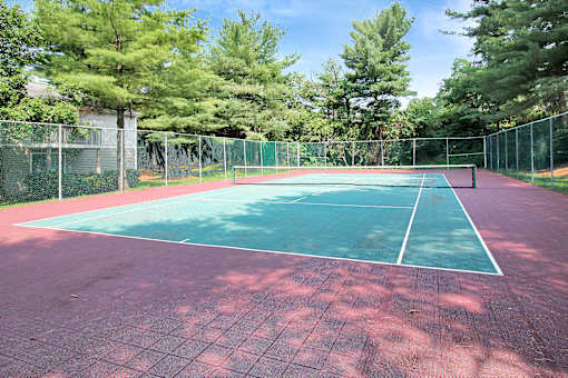 A tennis court surrounded by trees and a fence.