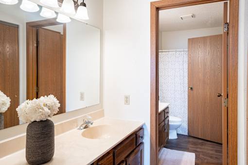 A bathroom with a sink, mirror, and toilet. Fargo, ND Cedars 4 Apartments
