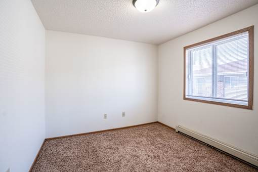 A room with a window and carpeted floor.