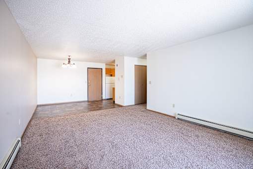 A room with a carpeted floor and a white wall.